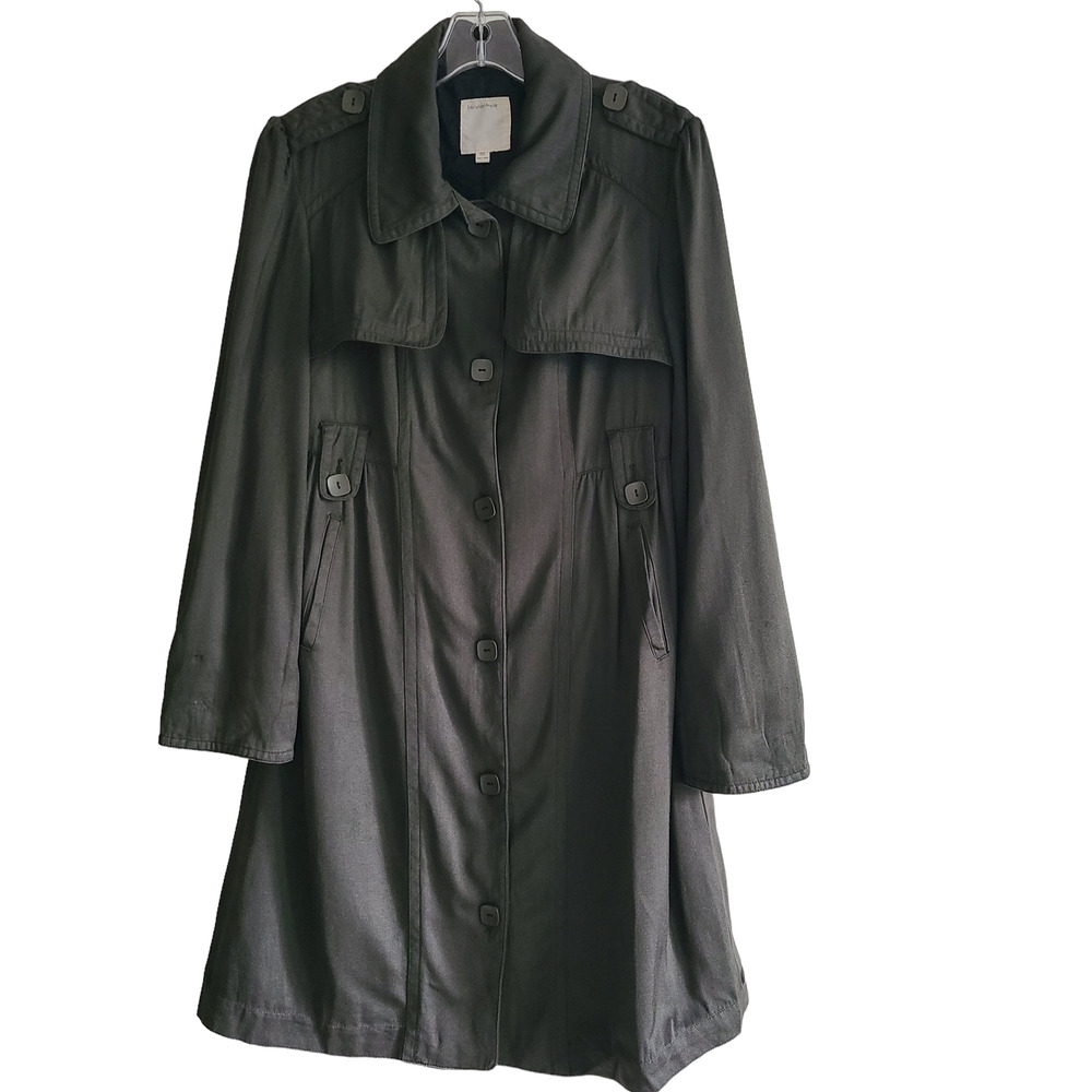 LIFE AFTER DENIM 100% Silk Twill Olive Green Button Front Trench Coat Medium